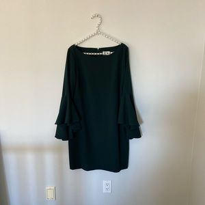 Forest green dress with stylish flared sleeves.
